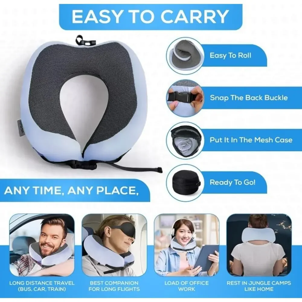 NPWNK Memory Foam Travel Neck Pillow w/ Eye Mask & Case – Grey/Blue